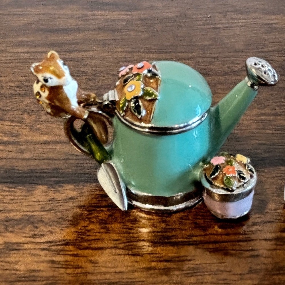 Mini Enamel Watering Can Trinket Box Squirrel Flowers Hinged Keepsake Whimsical